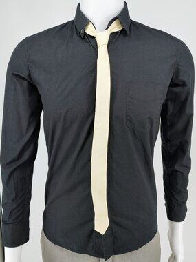 R13 2015 F/W Unisex Luxury Black Button-Down Shirt With Beige Leather Tie (XS)
